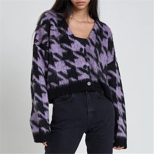 Houndstooth Mohair Loose V-Neck Lazy Knit Sweater Cardigan