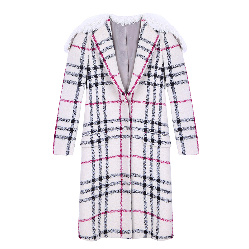 Women's Winter Single Breasted Plaid Wool Blend Coats With Warm Sherpa Collar