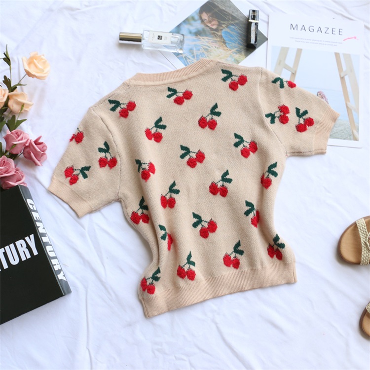 New Design Sweater Embroidery Cherry Knitted Crop Top Short Sleeve Sweater Women Pullover Sweater