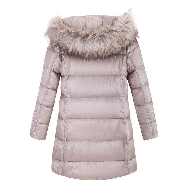 Fur Hooded Long Slim Warm Winter Padded Jacket With Jacquard Lining And Two Way Metal Zipper
